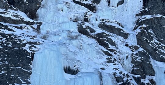 Looking up at an ice climbing route in Alaska