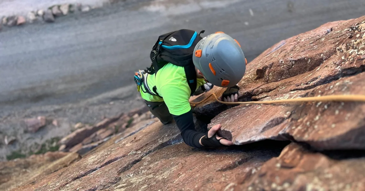 A climber on the first pitch of the Bastille Crack in Boulder Colorado