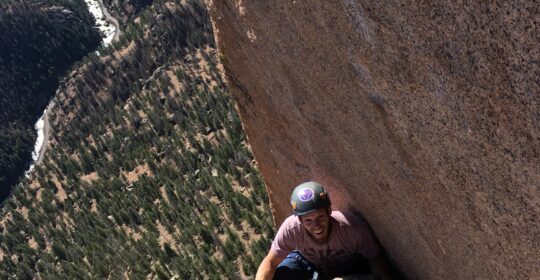 A rock climbing on center route in the Cathedral Spires near Pine Colorado
