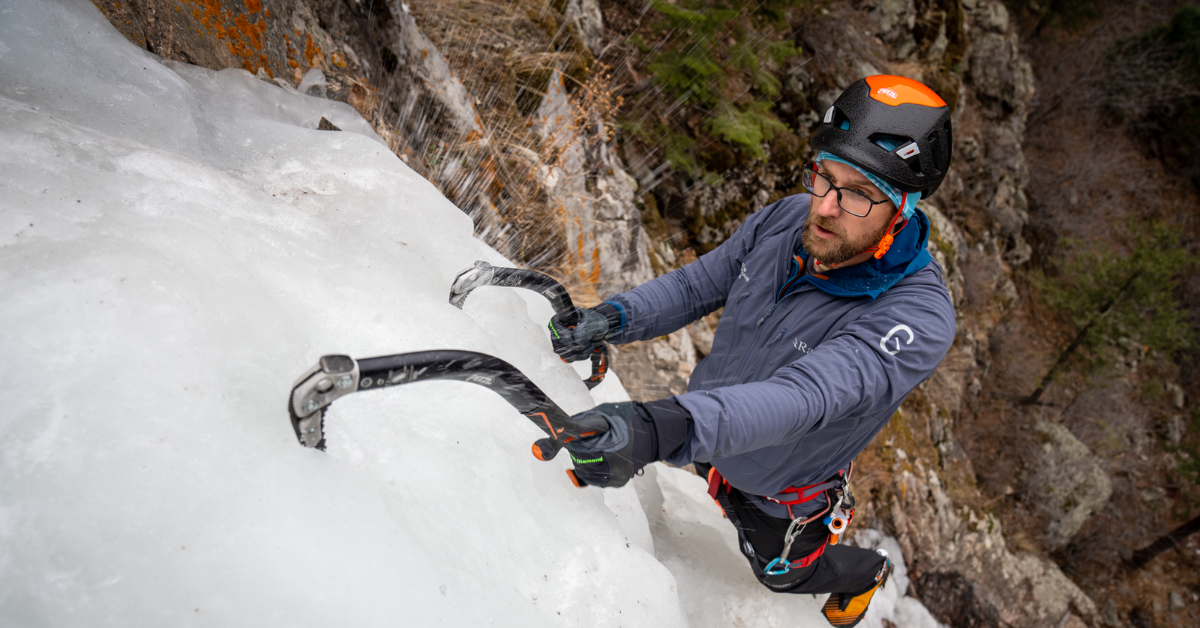 An ice climbing guide climbing in Clear Creek Canyon in Golden Colorado
