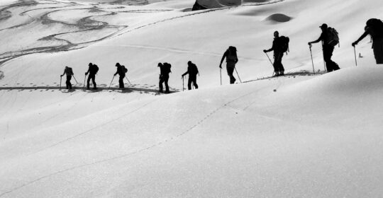 Introduction to backcountry skiing course students skinning uphill in Colorado