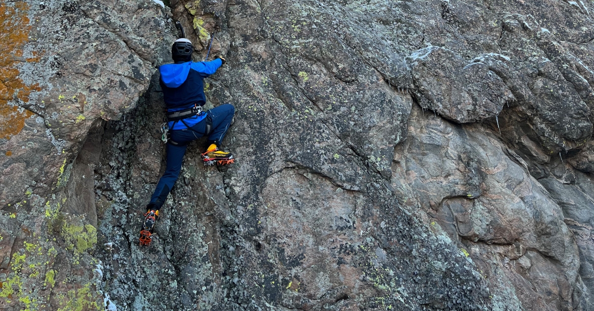 An introduction to mixed climbing student refining climbing movement skills in Golden Colorado