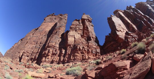The view looking up at Lighthouse tower in Moab Utah