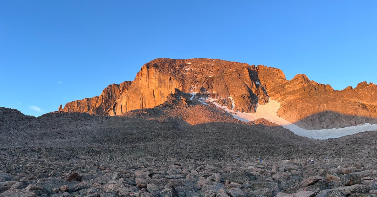 Longs peak sunrise from the boulderfield in Rocky Mountain National Park Colorado
