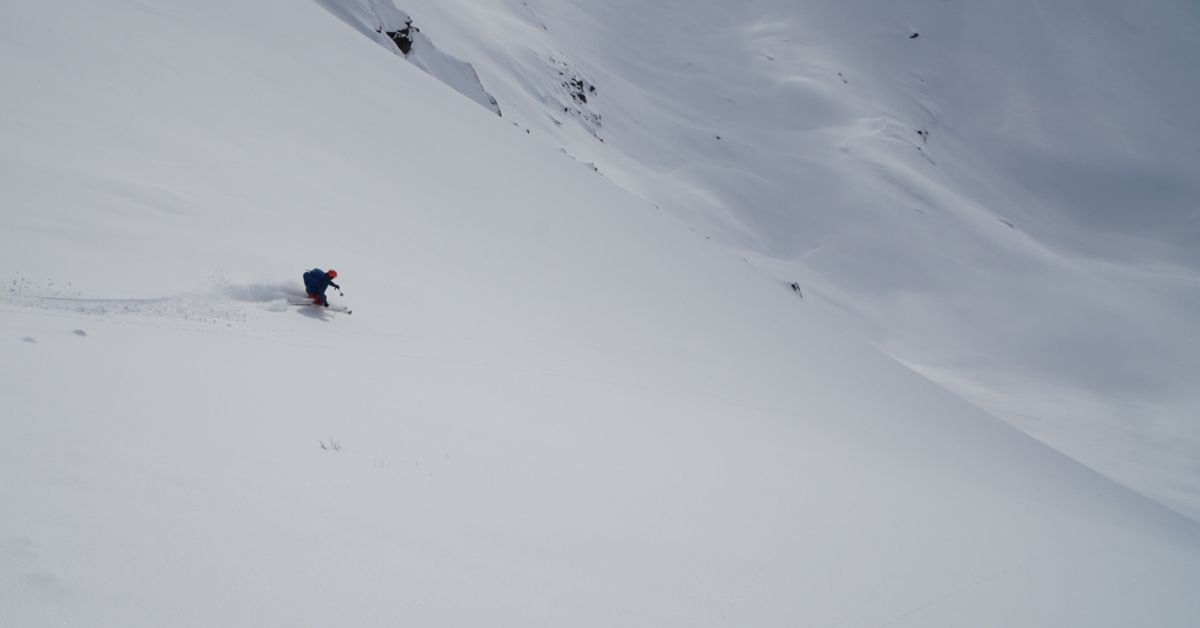 A backcountry skier on a privately guided backcountry ski trip with Golden Mountain Guides