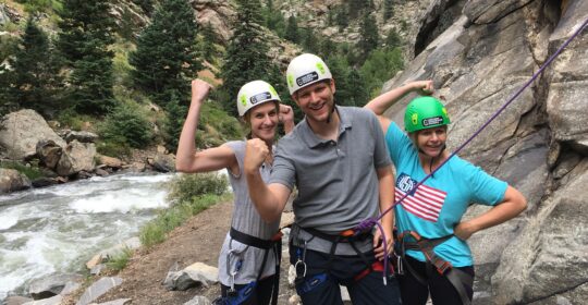 Privately guided rock climbing students learning the basics in Clear Creek Canyon in Golden Colorado