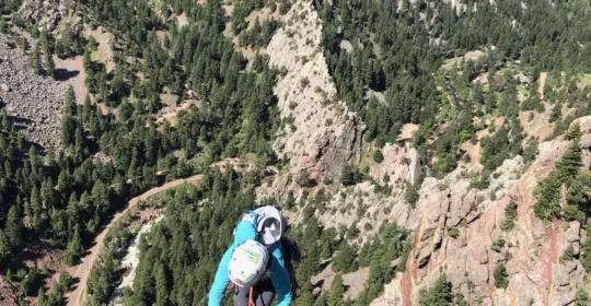 A rock climber on the Yellow Spur in Eldorado Canyon State Park Colorado