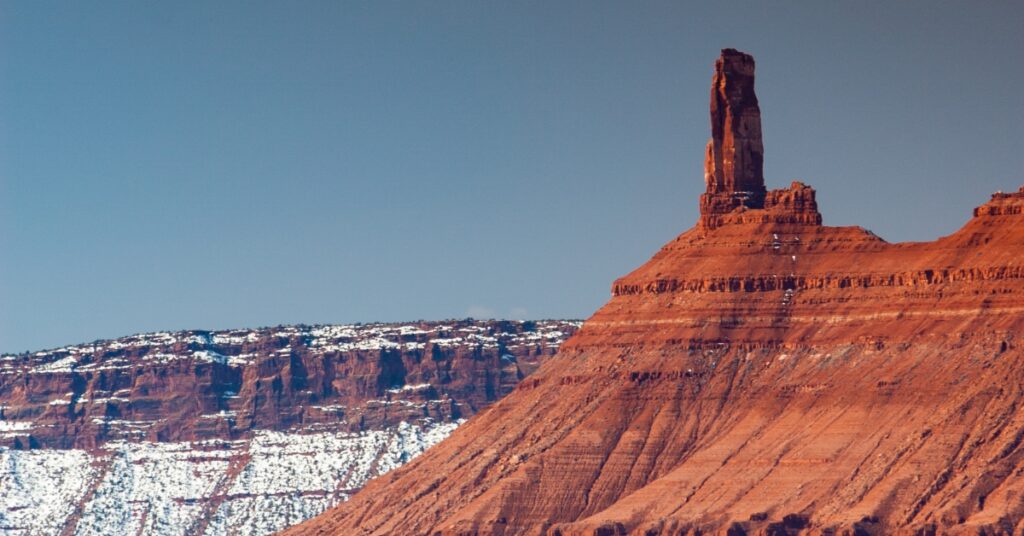 Caslteton tower in Moab Utah from the side in winter