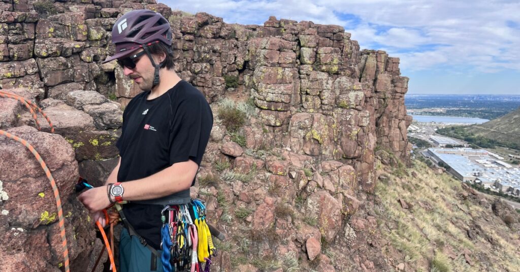 An SPI candidate demonstrating technical rock climbing skills in Golden Colorado