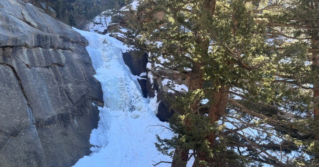 Beginner ice climbing at Elk Falls in Staunton State Park Colorado