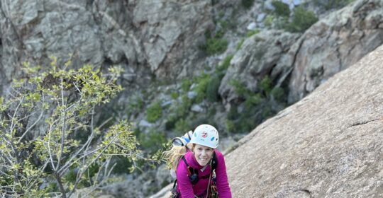 A climber multipitch rock climbing in the Black Canyon of the Gunnison in Colorado