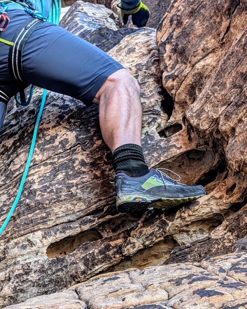 The Asolo Eldo GV approach shoe climbing rock
