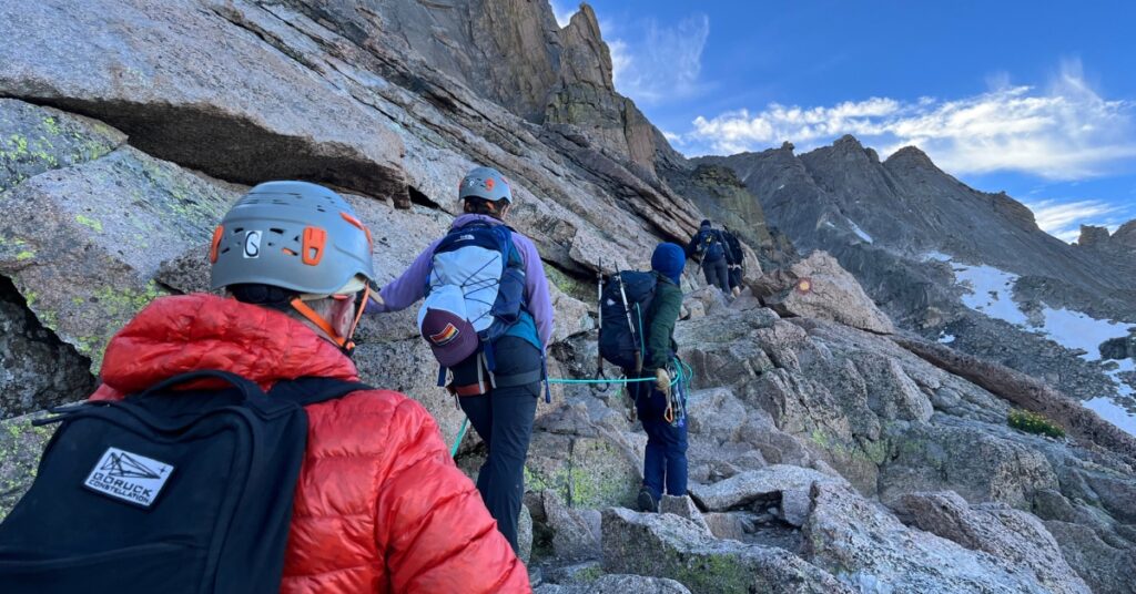 Climbers on Longs Peak after going through the Keyhole on the standard route