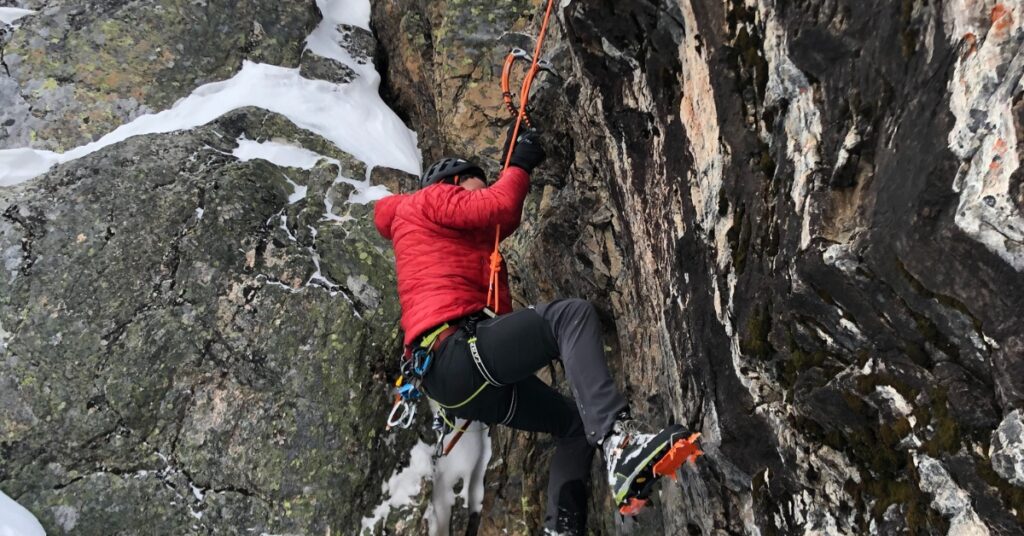 A climber on a mixed route in Rocky Mountain National Park